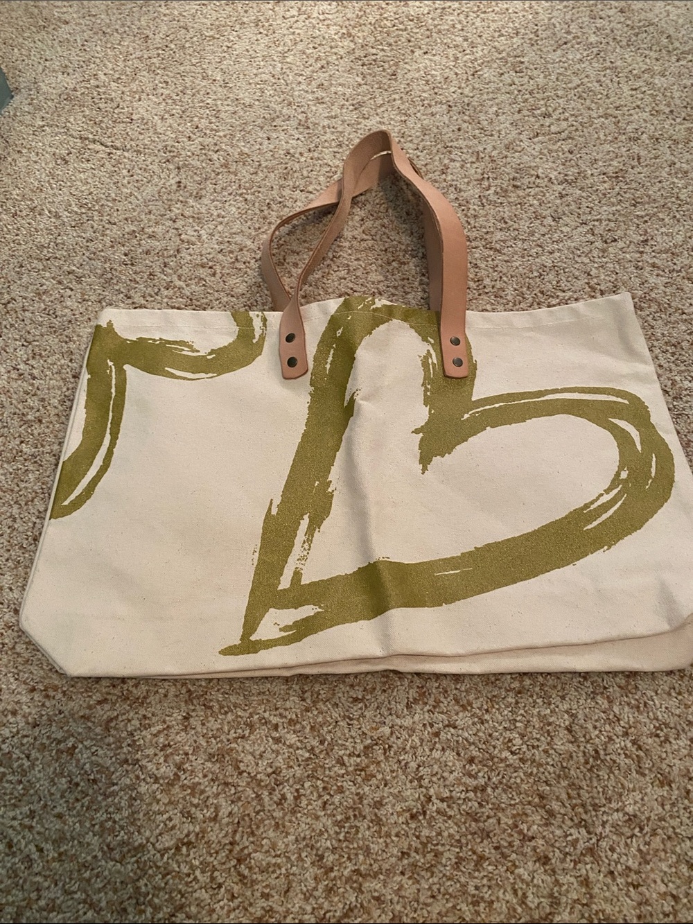 Canvas Tote Bag with Gold Heart Print and Tan Handles